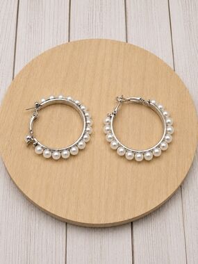 Pearl Bead Silver Hoop Earrings - Women Jewelry